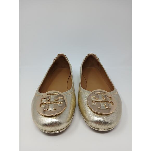 Tory Burch Minnie Travel Ballet With Logo Spark Gold Shoes Women’s Sz 10.5 New - Picture 6 of 16